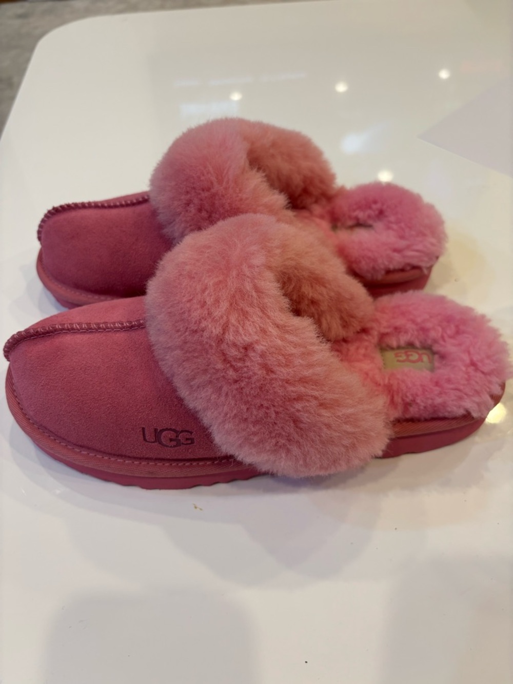 UGG Pink Plush Shearling Slide Slippers